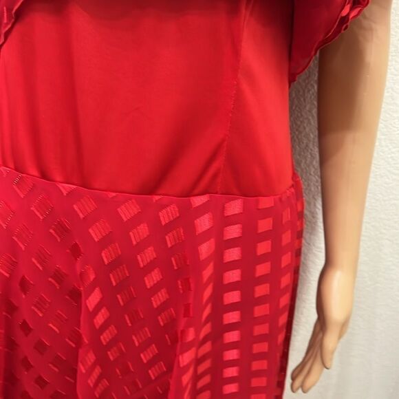 Ann Hobbs For Cattiva Dress Red Square Neck Short Sleeve Sheer Ruffle Midi Lined - Picture 6 of 11